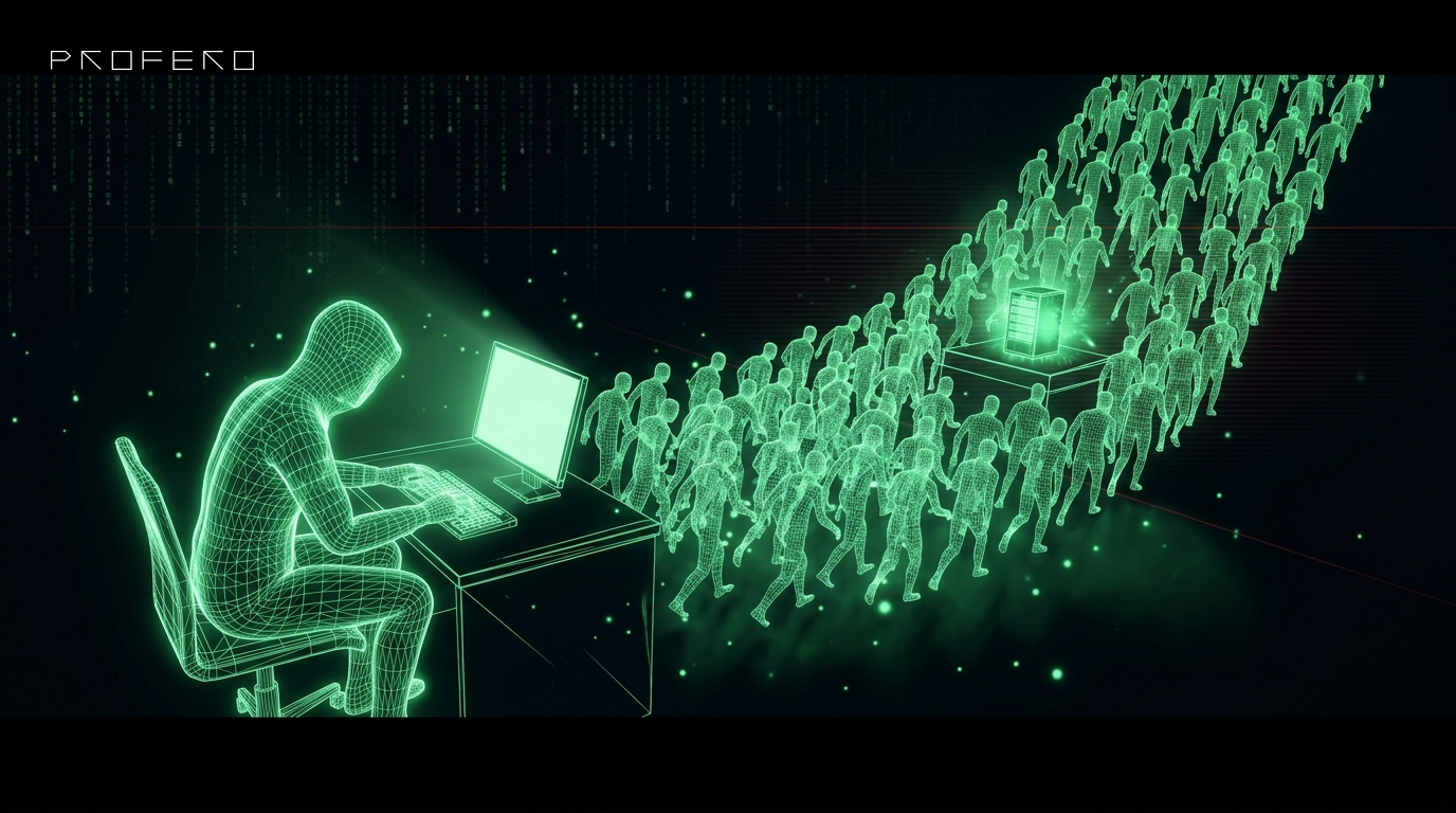 One operator at a terminal fanning out into a swarm of identical figures converging on a single target