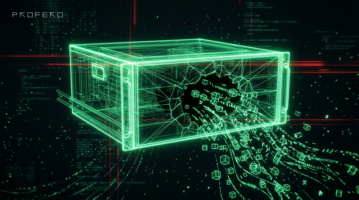 A wireframe security appliance cracked open, credentials spilling out as data