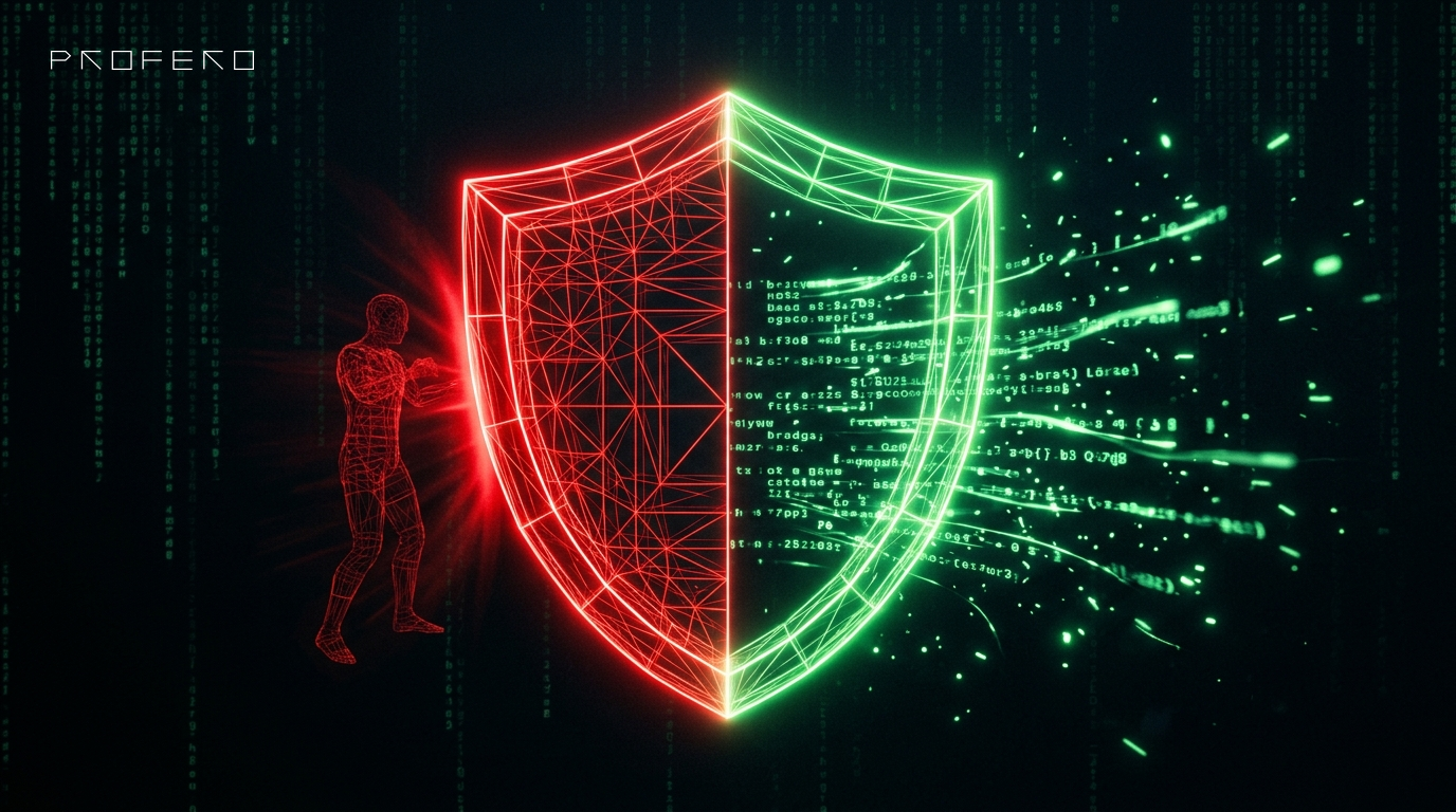 A split shield: red half turning a defender away, green half letting data through