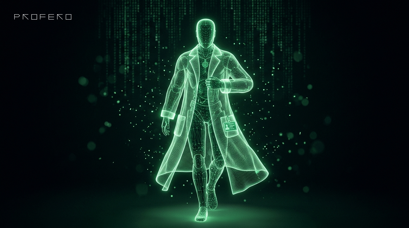An AI agent wearing a translucent researcher costume with a fake authorization badge