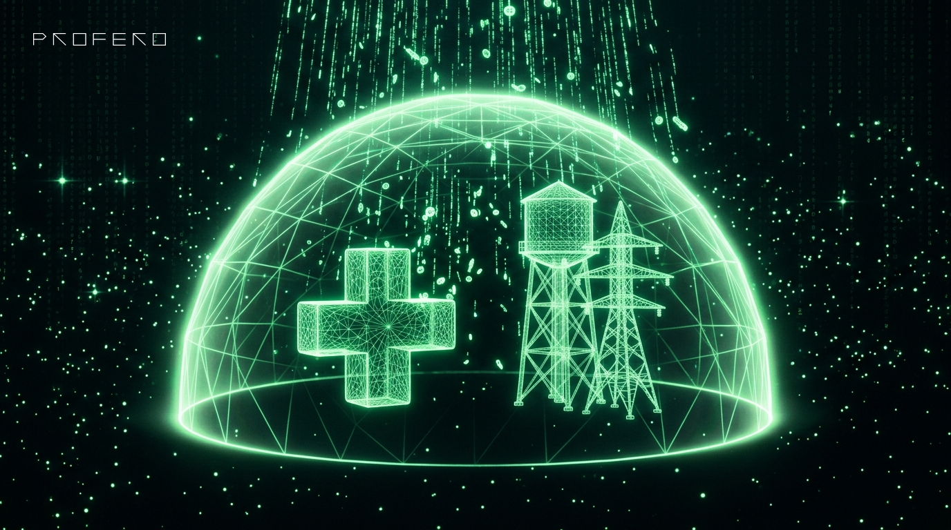 A hospital cross and utility infrastructure protected inside a green dome, aid flowing in