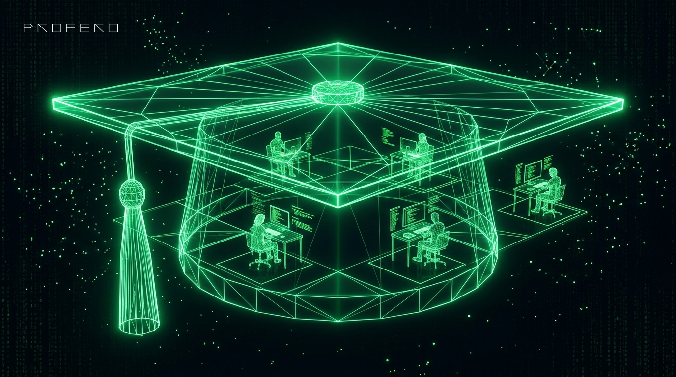 A wireframe graduation cap over students practicing at terminals in a safe grid arena